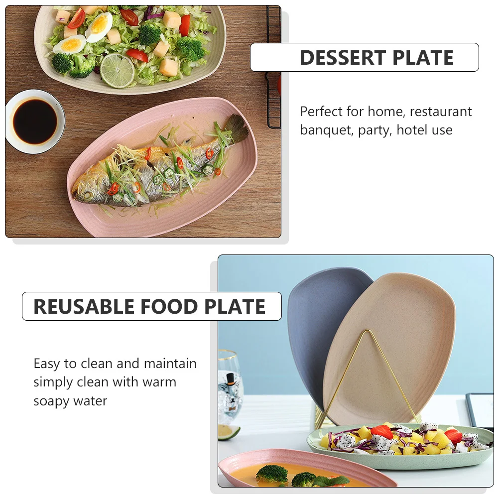 

4Pcs Wheat Straw Oval Shape Fruit Plates Reusable Food Safe Storage Snack Dessert Plates Lightweight Household