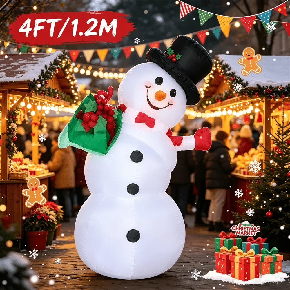 4FT/1.2M Christmas Inflatable Model Toy with LED Light Up Smiling Snowman With Red Bow Tie Holly Ornament Inflatable Yard Decor