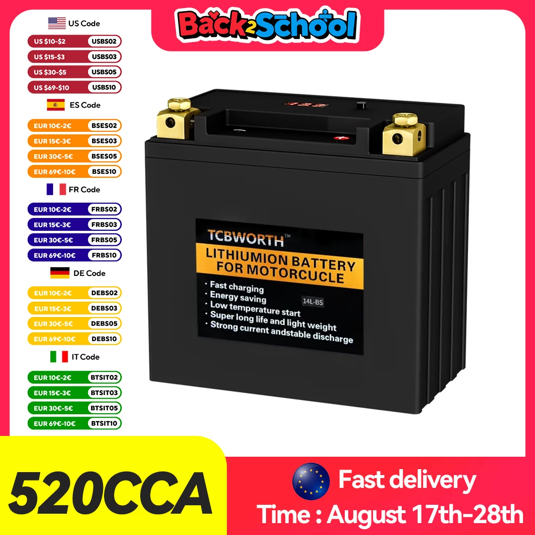 

12V 115.4Wh CCA 520A Motorcycle Start Battery With BMS Rechargeable Lithium iron Phosphate Scooter LiFePO4 Batteries 14L-BS