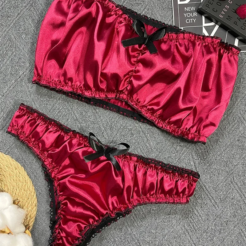 

Women's Sexy Lingerie Set Black Lace Trim Strapless Tube Top + Shorts Solid Color Outfits Chest Wrap Backless Crop sleepwear