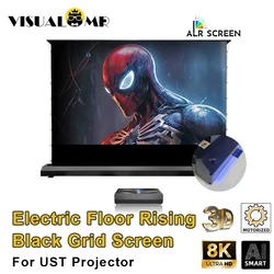 Newly Upgraded Electric Tab Tension Floor Rising  Black Grid Projection Screen 120Inch PET Crystal Motorized for UST Projectors