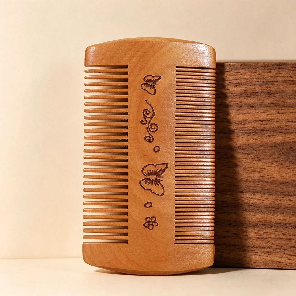 2 In 1 Peach Wood Double-Sided Wooden Comb With Carved Butterfly Pattern Dense Teeth Wide Teeth Solid Wood Comb For Home Use