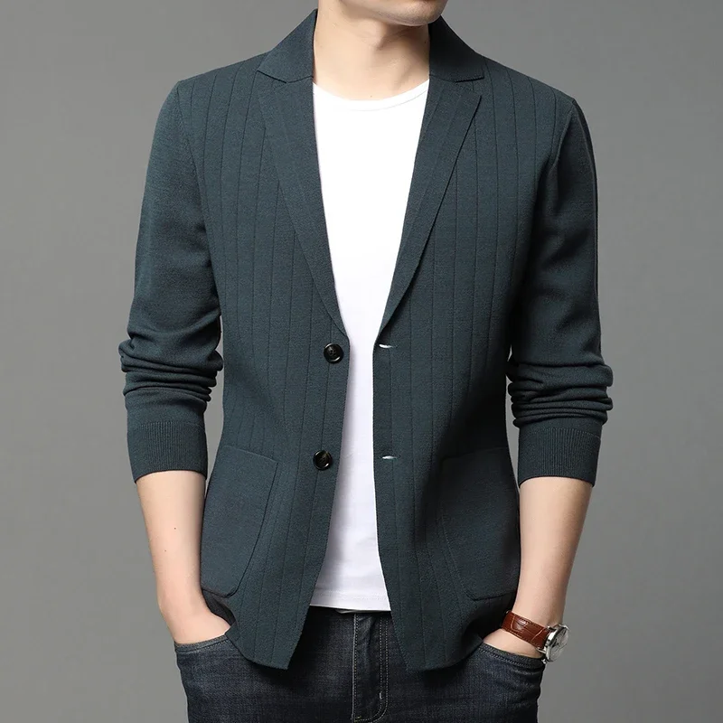 

2024 New Style Brand Casual Fashion Slim Fit Stripe Classic Suit Men Knitted Cardigan Jacket Korean Blazer Coats Men Clothing