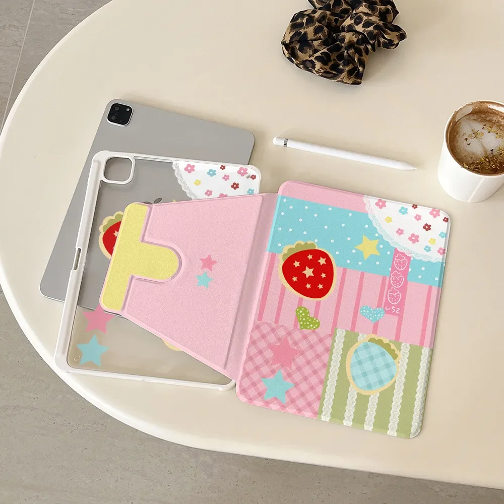 

Korea Strawberry Splice Tablet Case For iPad Pro 11 13 M2 M4 M3 10.2 5/6th 7/8/9/10/11th Mini 6 7 Air 1 2 3 4 5 6 Stand Cover