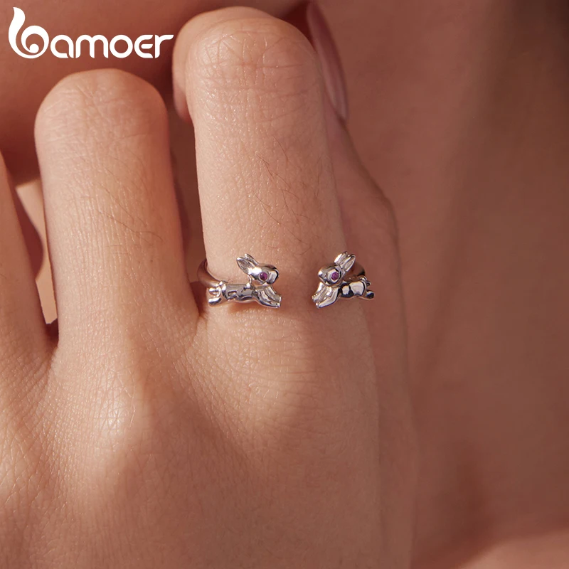باموير 925 فضة مزدوجة أرنب حلقة مفتوحة خرافة الحيوان ارتفع الأحمر تشيكوسلوفاكيا الدائري للنساء المراهقين جميل الحيوانات الأليفة هدية عيد الميلاد #2