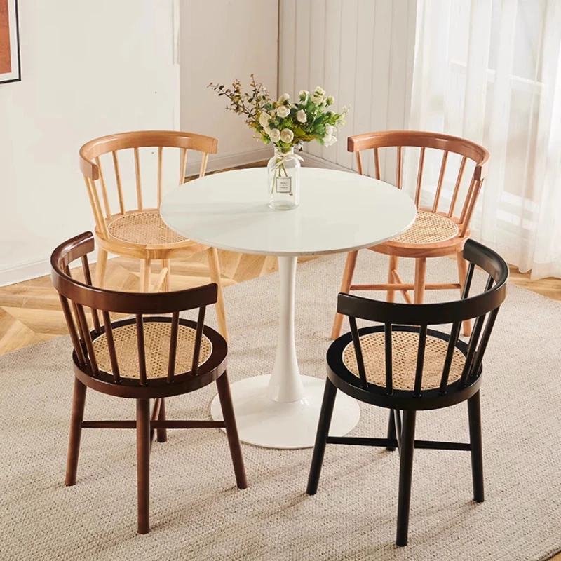 Scandinavian Rattan Weaving Solid Wood Dining Chair Vintage Comfortable Backrest Stool for Balcony