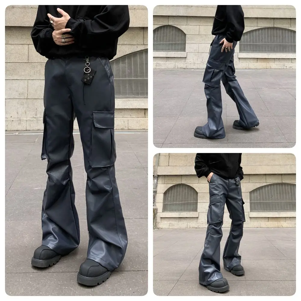 Fashionable Autumn and Winter PU Leather Flared Jeans for Men with Loose Fit and Multiple Pockets