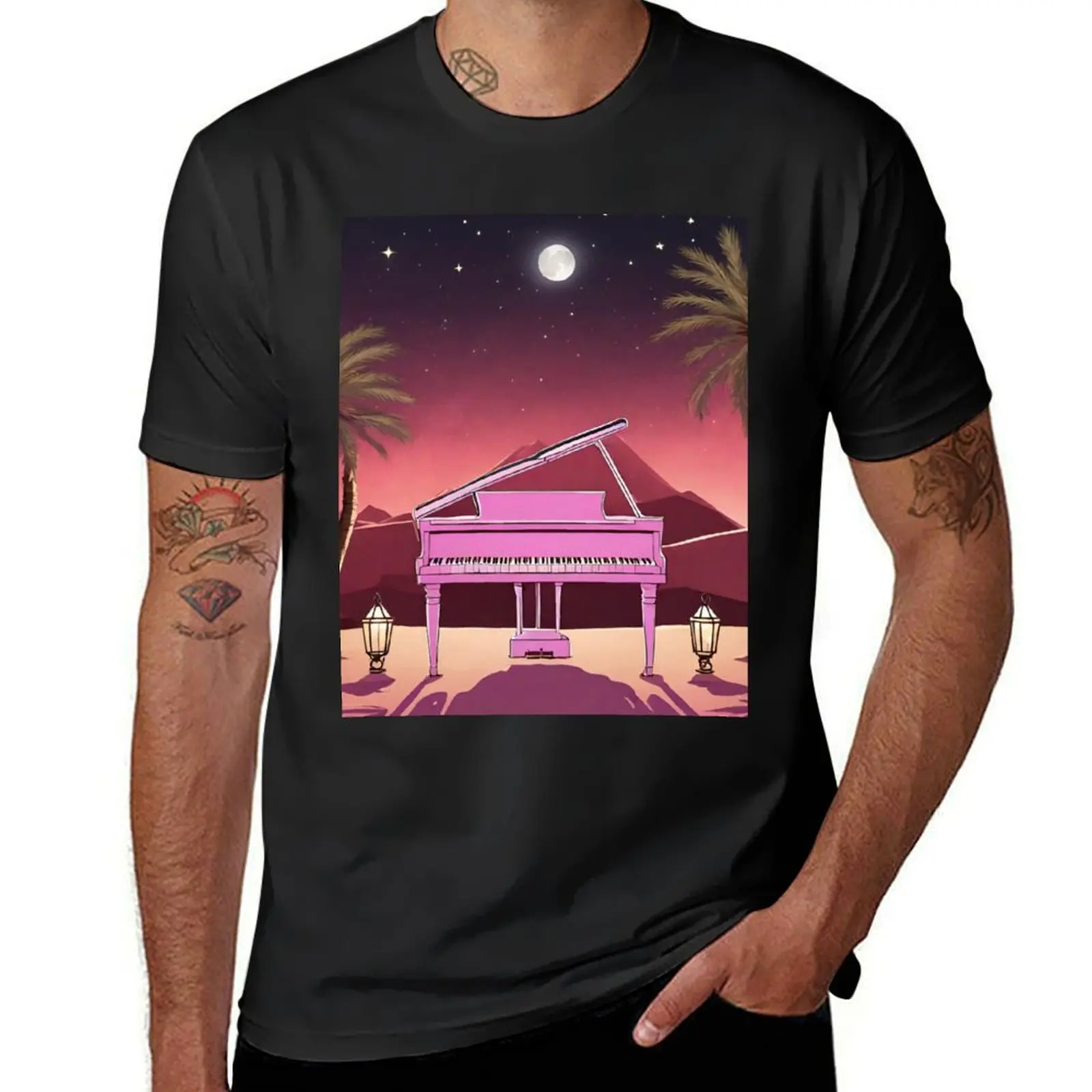 Piano in the Egyptian desert with Pyramids, jungles, lanterns, ancient Rome T-Shirt customs shirts graphic plain t shirts men