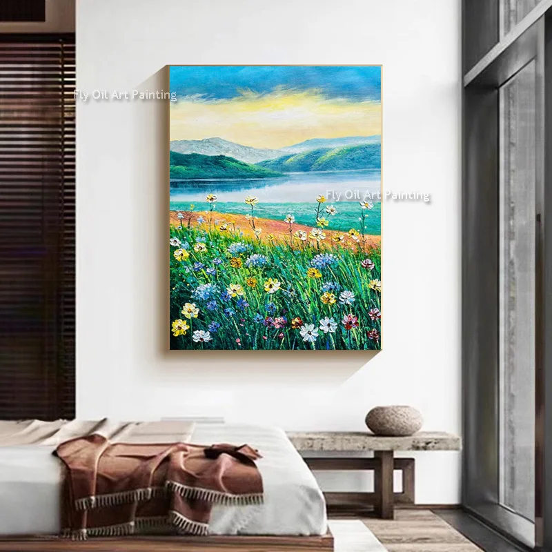 Handmade Thick Paint Wildflower Valley Lake Mountain Scenery Oil Painting Nature Canvas Wall Art Popular Artwork For Decor