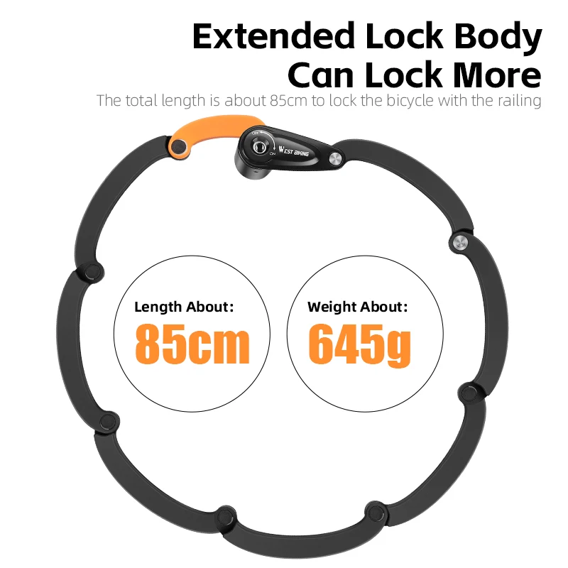 WEST BIKING Bicycle Foldable Chain Lock Alloy Steel High Strength Cycling Lock Anti Theft Security Road Bike Scooter E-Bike Lock