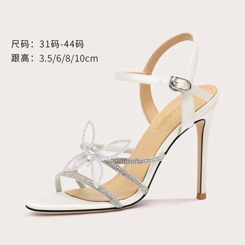 Summer New Round Headed Silk Face Water Diamond One line Sandals with Thin High Heels Banquet Dress Large and Small Women Sandal