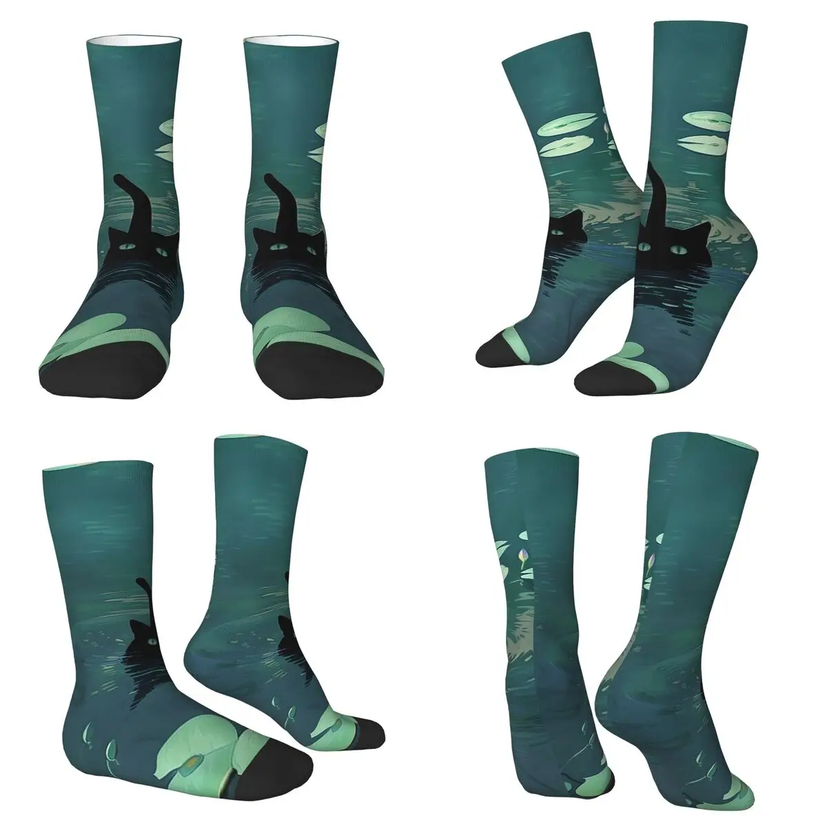 

Serene Black Cat Water Lily Pond Art Socks Harajuku Sweat Absorbing Stockings All Season Long Socks for Unisex Valentine's Day