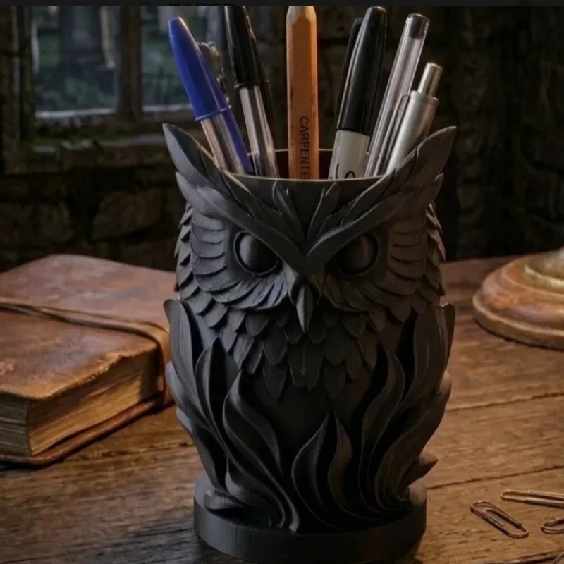 3D Printed Gothic Owl Pen Holder Plastic Desktop Stationery Organizer Pencil Storage Cup Office Home Tabletop Decor Gift