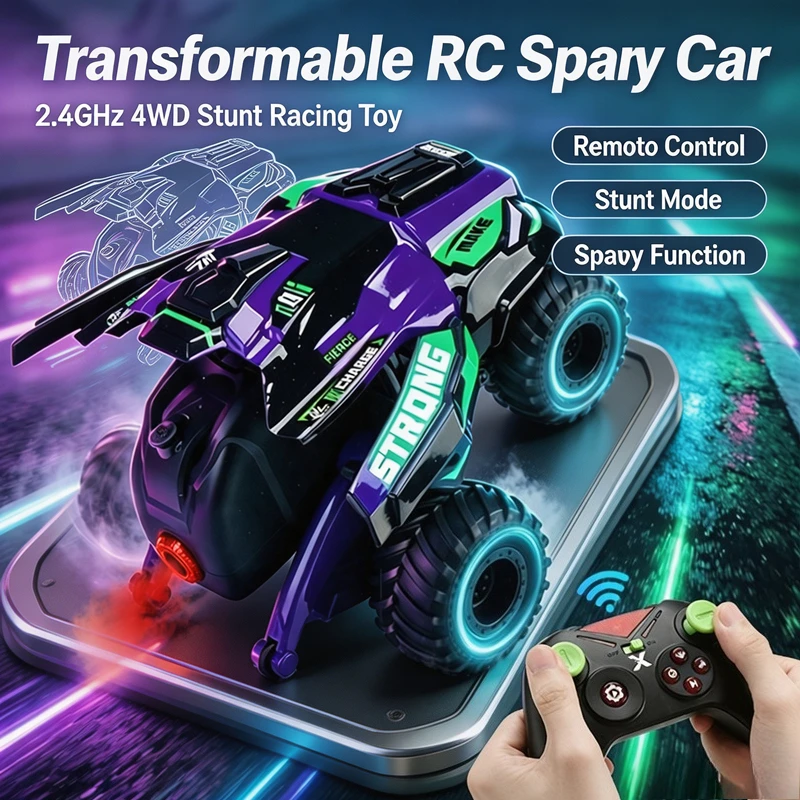 2.4GHz Remote Control Transformable Stunt Car 4 Wheel Drive Off Road RC Racing Car with Spray Effect Electric Play Toy