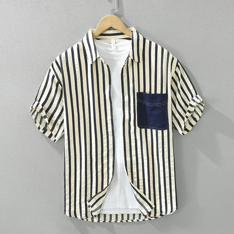 Camisa de manga corta a rayas para hombres, camisas casuales con cuello vuelto de algodón, ropa de moda masculina, verano, nuevo