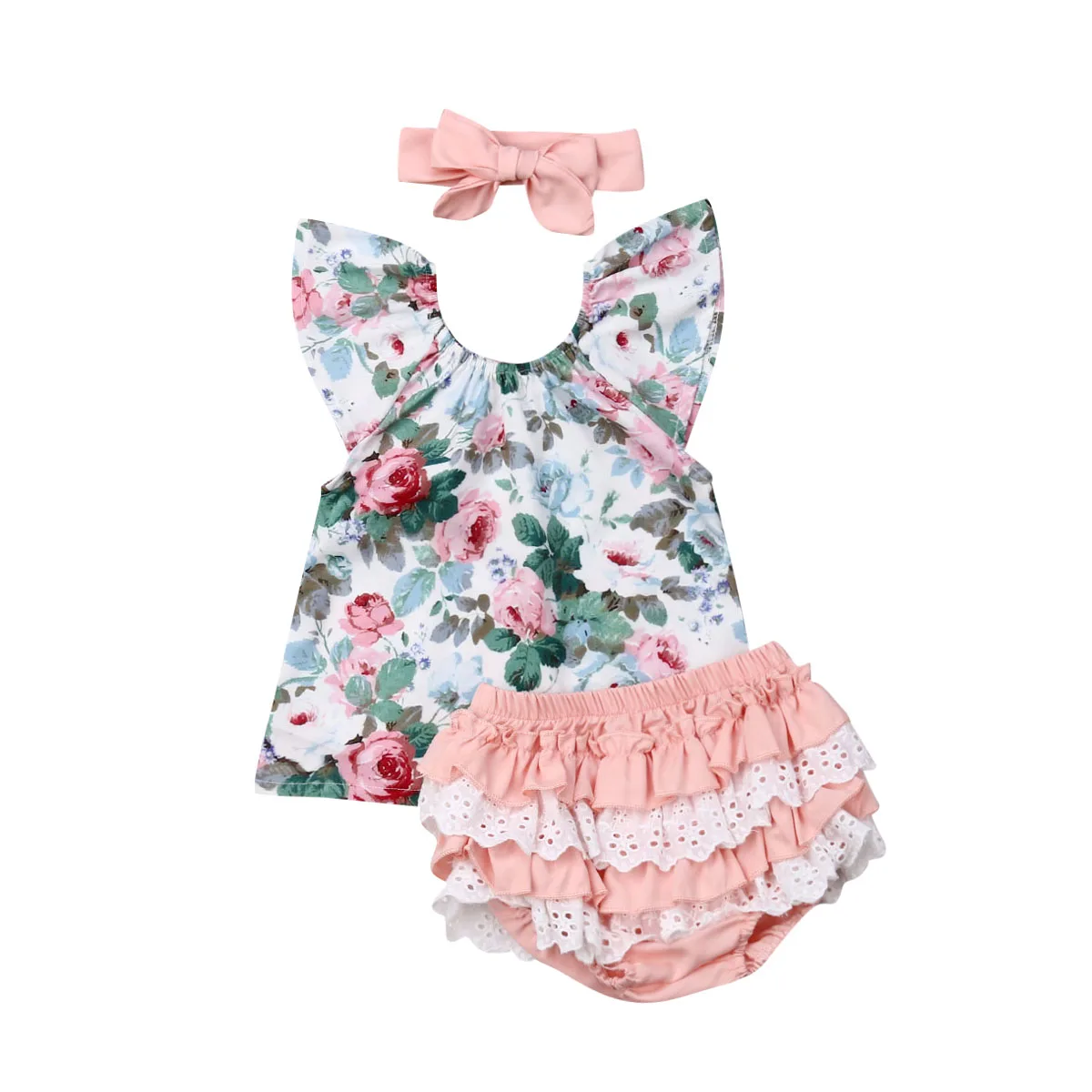 

3 Pcs Baby Girls Casual Suit Floral Short Flying Sleeve Top Lace Elastic Waist Shorts Solid Color Bow Headband Sets