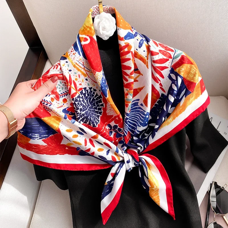 90*90cm Women Scarf Silk Feeling Hair Neck Square Brand Office bandanna muffler Waiter Flight Attendants Handkerchief Rings wrap