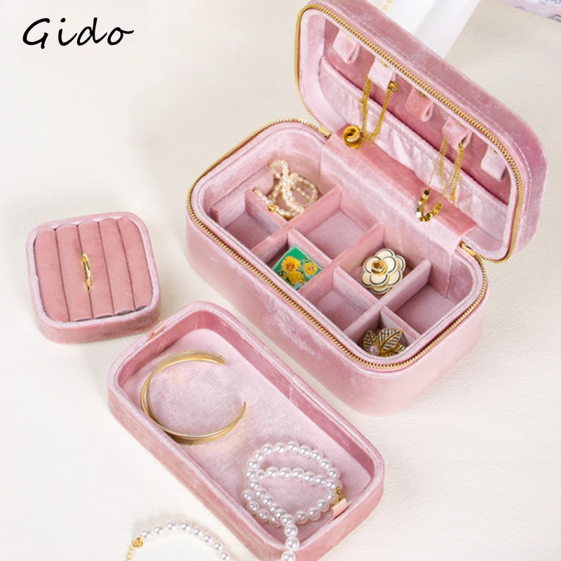 Lovely Pink Necklace Earrings Jewelry Box Portable Large Capacity Jewelry Box Built-in Tray Exquisite Storage Box