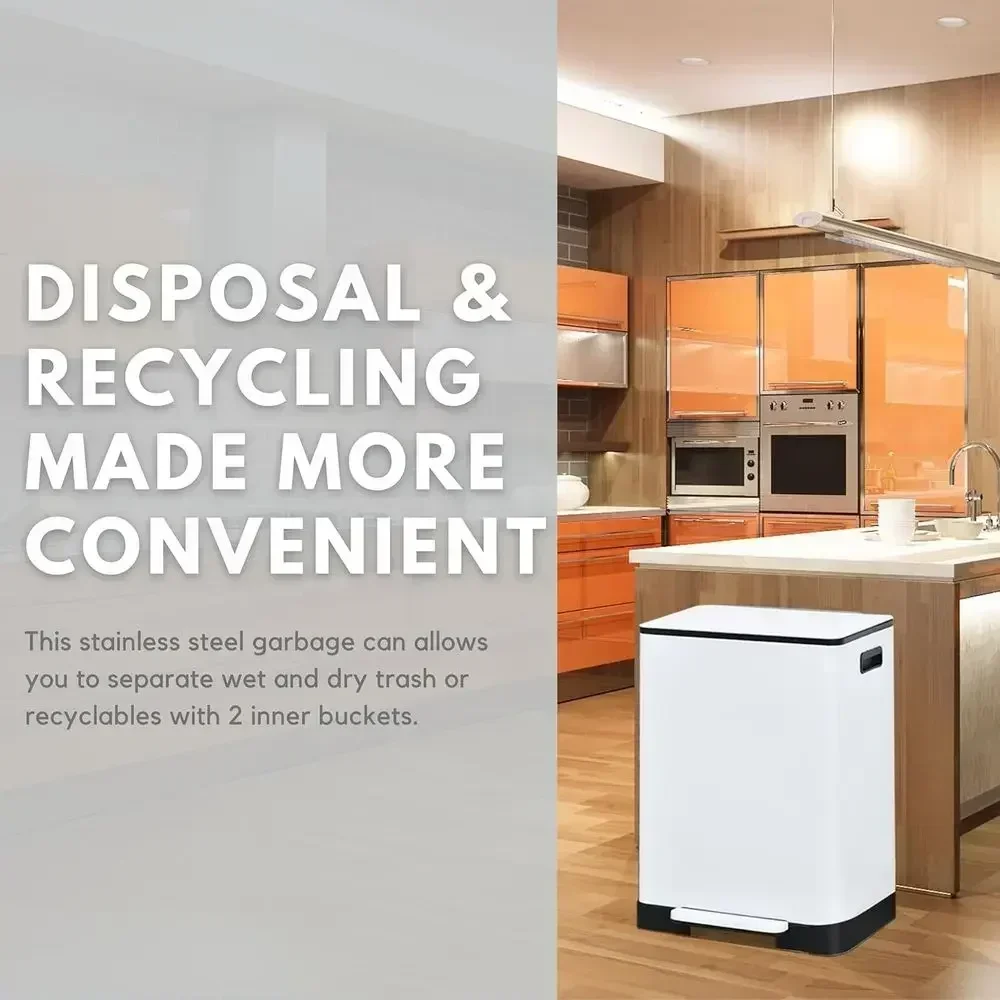 16 Gallon Dual Compartment Trash Can with Soft Close Lid - 30 Liter Capacity Each for Recycling