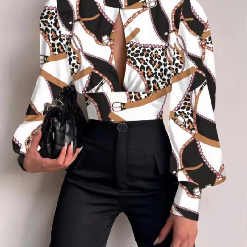 เสื้อครอปแฟชั่นสำหรับผู้หญิง สไตล์เซ็กซี่ โชว์หลัง ลายพิมพ์ แขนยาว ทรงลำลอง เหมาะสำหรับใส่ทำงานหรือไปงานปาร์ตี้