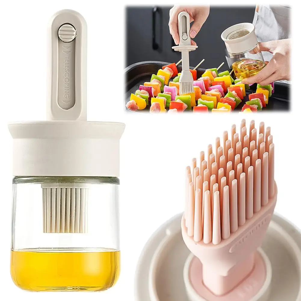 2 In 1 Oil Dispenser Bottle With Telescopic Silicone Basting Brush Food Grade Glass BBQ Cooking Oil Brush Pot Kitchen Gadget