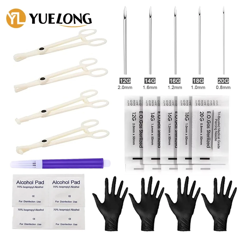 42pcs Piercing Needles Clamps Kit Mixed 12G 14G 16G 18G 20G Needles Piercing Clamps Forceps Gloves for Ear Nose Piercing Supply