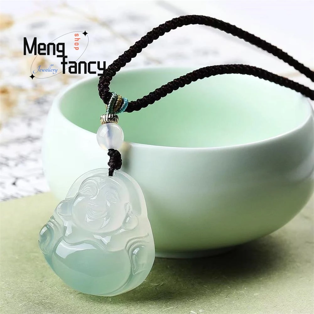 Natürlicher Eis qualität Chalcedon Achat halb Berg halb Wasser Maitreya Buddha Anhänger exquisite elegante hochwertige Modeschmuck