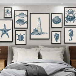 Vintage Sea Shell Fish Starfish Octopus Poster Coastal Nautical Prints Wall Art Picture Canvas Painting for Beach House Decor