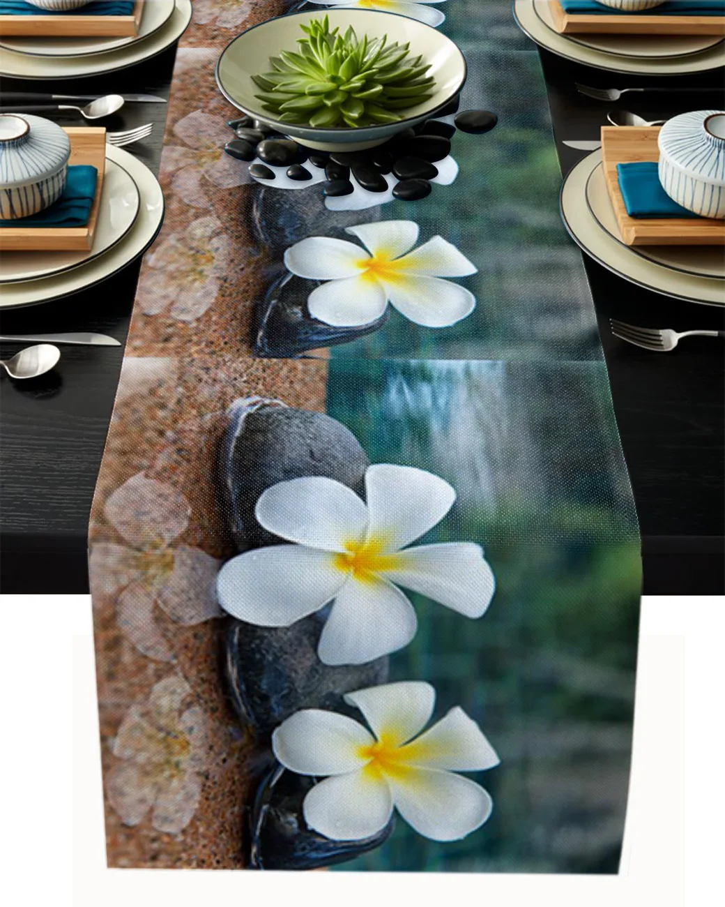 Stone Hot Spring Printing Table Runner for Dining Table Country Decor Anti-stain Rectangular Dining Table Runner Washable