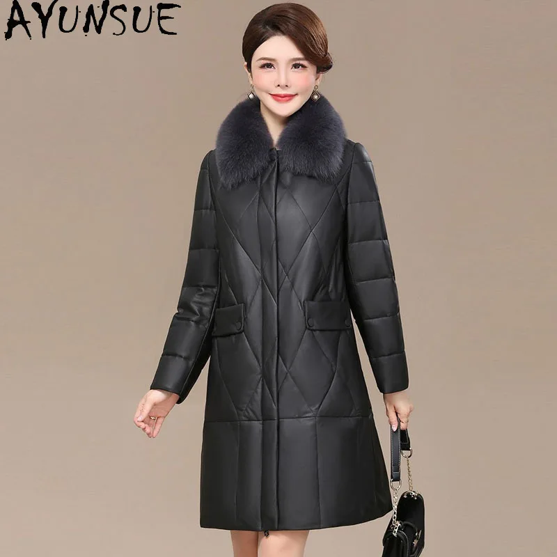 AYUNSUE Piumino in vera pelle Donna Abiti invernali 2025 Cappotto di pelle di pecora di media lunghezza per donna Collo di pelliccia di volpe Jaqueta Couro