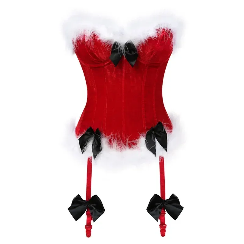 Disfraz rojo de Papá Noel para mujer, corpiño, corsé por encima del busto, Top de plumas, corsés recortados, corpiño con lazo, chaleco Sexy sin tirantes