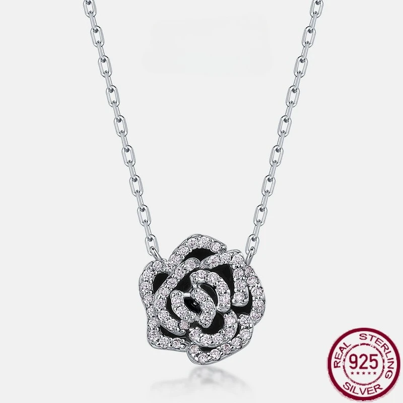 

New S925 Pure Silver Full Diamond Rose Enamel Sparkling Flower Necklace Fashionable, High end, Versatile Wedding Jewelry