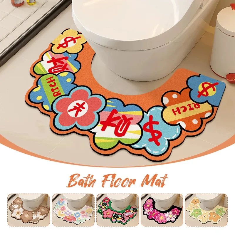 

U-Shaped Toilet Mat Floral Bathroom Diatom Mud Absorbent Non-Slip Fast-Dry Rug Bath Carpet Rug Foot Pad Home Decoration New