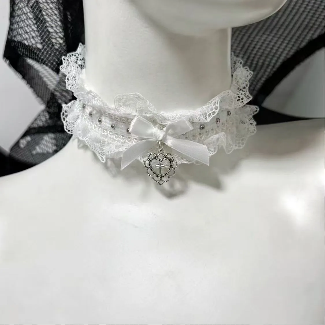 Goth Black Lace Choker with Bow & Cross Heart Pendant Vintage Y2K Elastic Necklace for Girls Punk Lolita Cosplay Collar Jewelry image 3