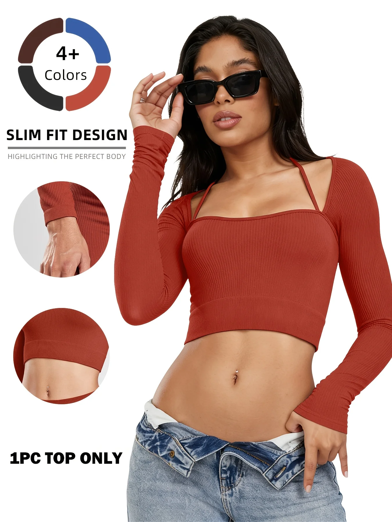 Women Halter Neck Fitness Sports Crop Top Long Sleeve Tee Seamless Ribbed Casual Slim Fit  Sportswear Square Neck Gym Yoga Top