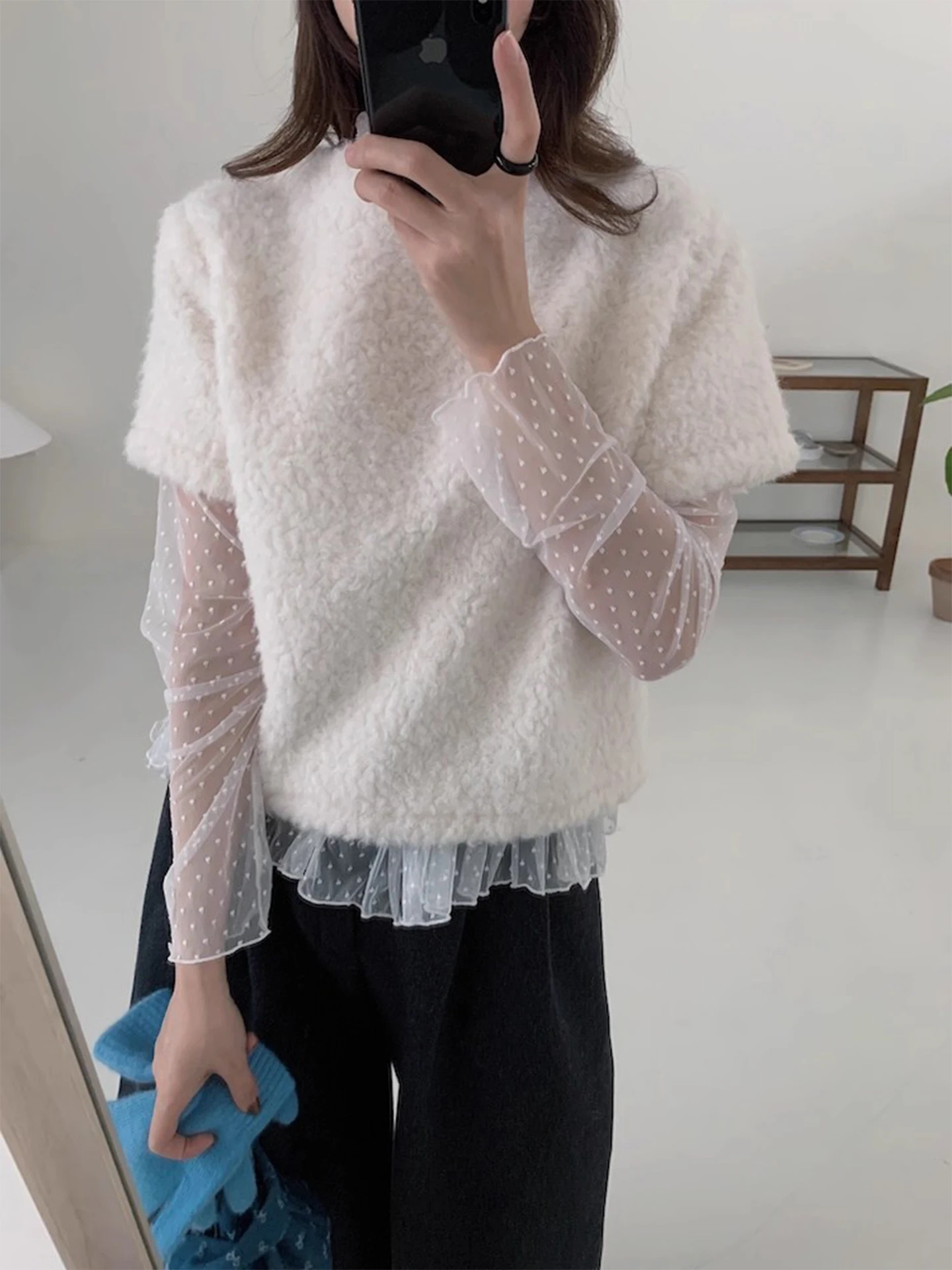 Faionable Me See-tough البولكا نقطة قاعدة irt ort Sve فضفاض فرو الضأن قطنية عالية الجودة مجموعة المرأة الشتاء تخفيف Sle #4