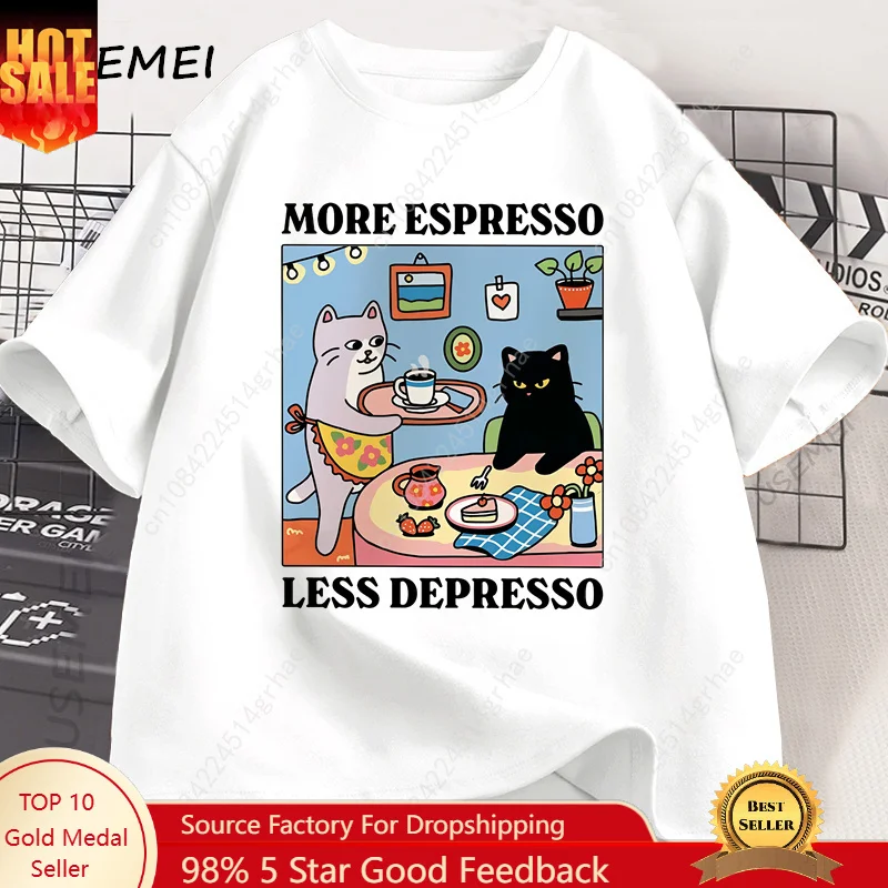 

More Espresso Less Depresso Black Cat T-shirt Men Women Funny Coffee Cat T Shirt Casual Summer Cotton Short Sleeve Tshirt Tops