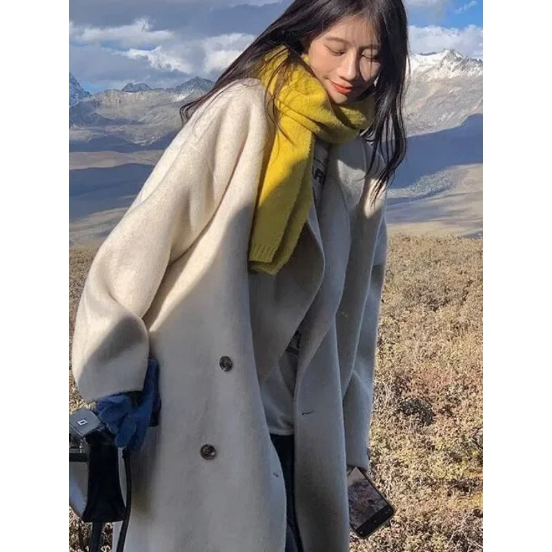 Mode pure handgemaakte kasjmier jas losse middellange plus size wollen jas 50% wol dubbelzijdige wollen jas voor dames 2024