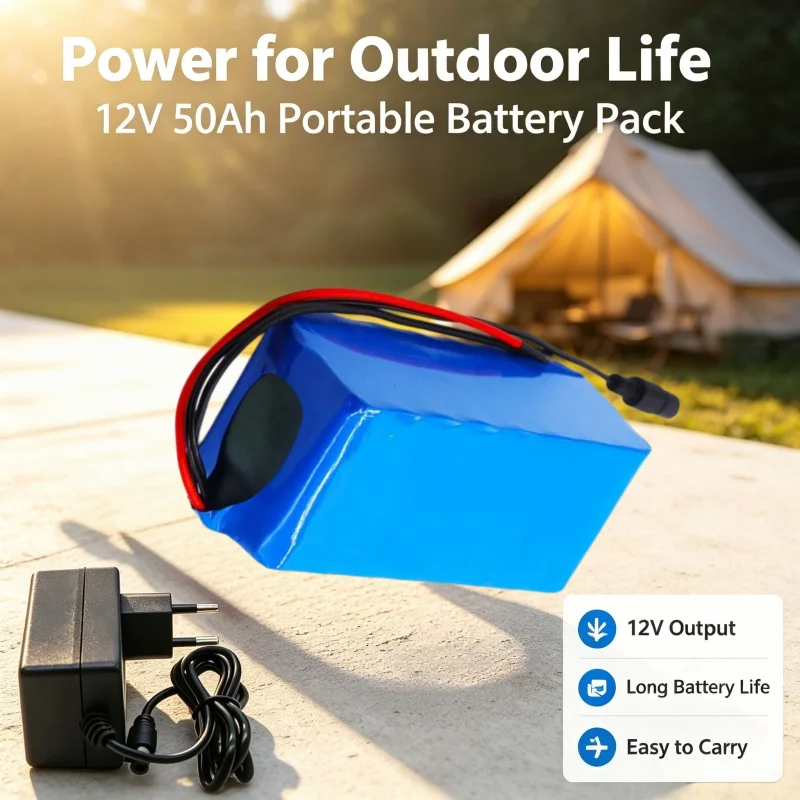 Upgraded 12V 50Ah Battery Pack Discharge Current BMS Balance Board with 12.6V 3A Fast Charger for Inverter Lamp Portable Devices