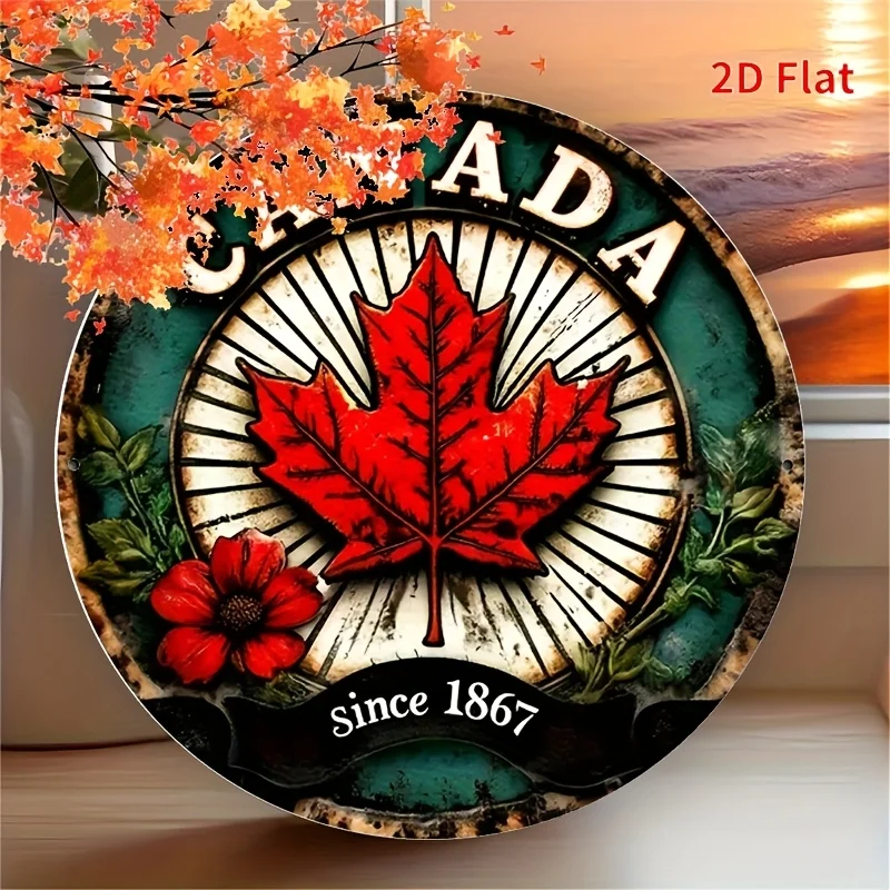 [2D Flat] 1 Stück Vintage-Ahornblatt-Metallblechschild – Aluminium-Wandkunst mit „Kanada seit 1867“-Design, rustikales Dekor für Zuhause, Café