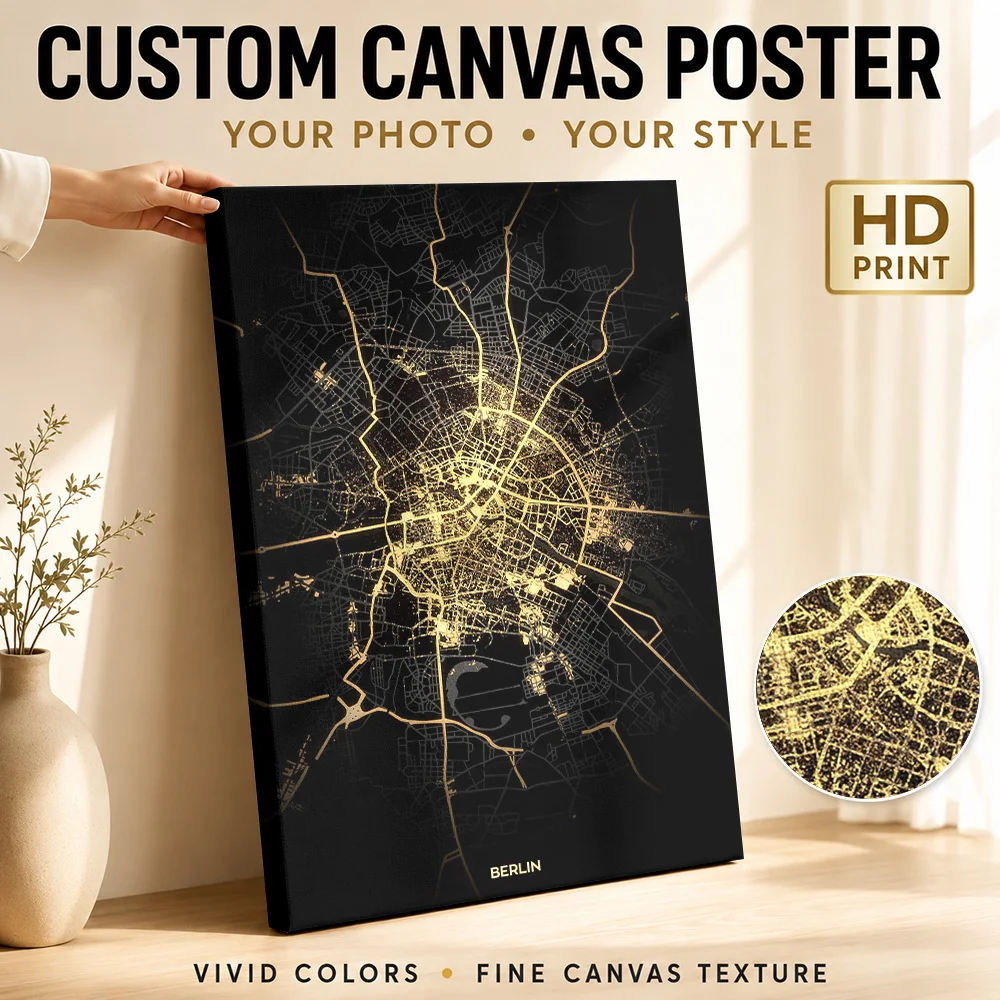 Berlin Germany City Map Gallery Wrapped Canvas Print Customized Photo Minimalist Geographic Linework Wall Art For Home Office