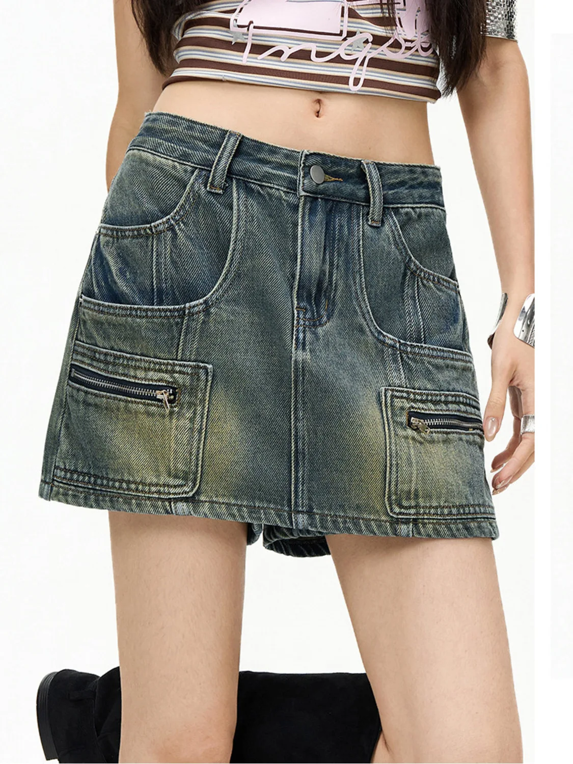 Women Cargo Pocket Fake Two Piece Denim Jeans High Waist A-Line Shorts Skirt Vintage Wash Multi Pocket Casual Summer Bottoms