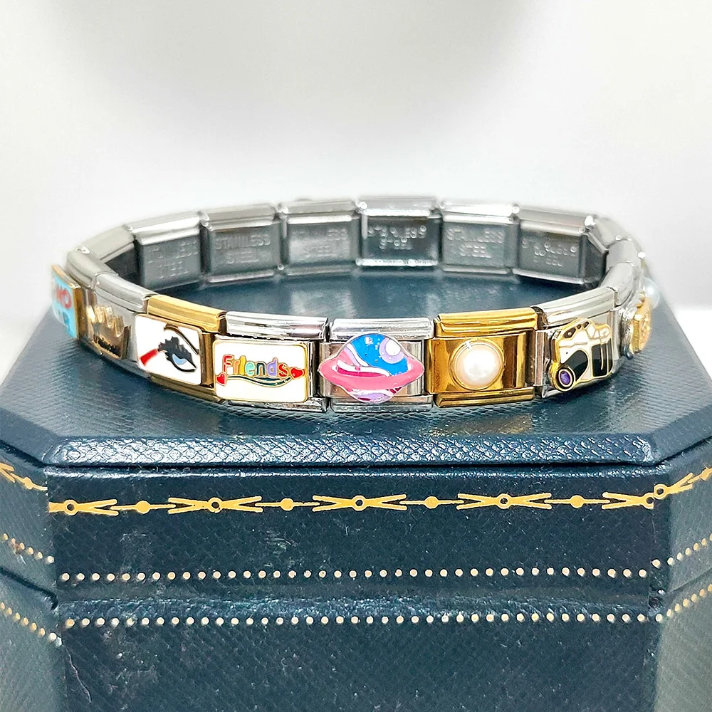GEMOSA 9 mm italienischer Schmuck-Link zum Selbermachen, Edelstahl, modisches englisches Wort für Landschaft, Lidschatten, Kamera, Charm-Armband – Detail 1