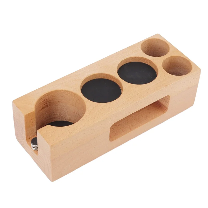 Espresso Tamper Holder Station, 5 Hole Non Slip Wooden Espresso Tamper Mat Stand Tamper Station Wooden Base with Mat