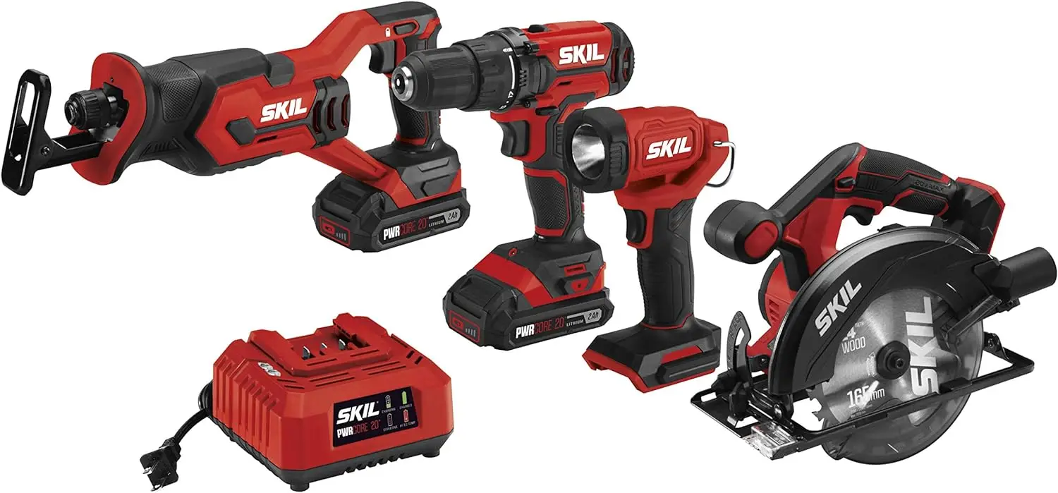 SKIL 20V 4-Tool Combo Kit: 20V Cordless Drill Driver Reciprocating Saw, Circular Saw and Spotlight, Two 2.0Ah PWR CORE Batteries