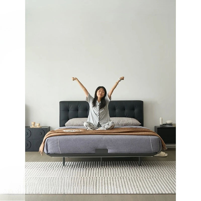 

Bauhaus leather bed black thin bedside suspended bed