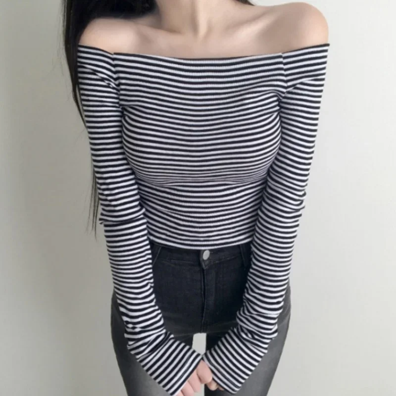

Summer Classic Striped Slash Neck Women's T-shirts 2025 New Long Sleeve Korean Casual Shirts Knitwear Slim Tops Female