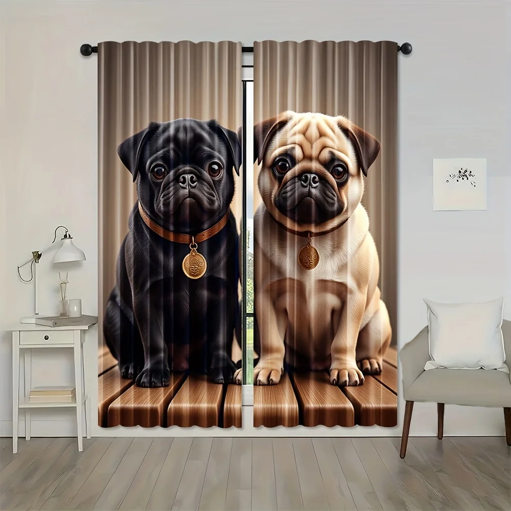 Cute Pug Dog Pair Curtain Panels Black And Fawn Pet Theme Window Curtains Home Decor Living Room Drapes Artwork Curtain Shade