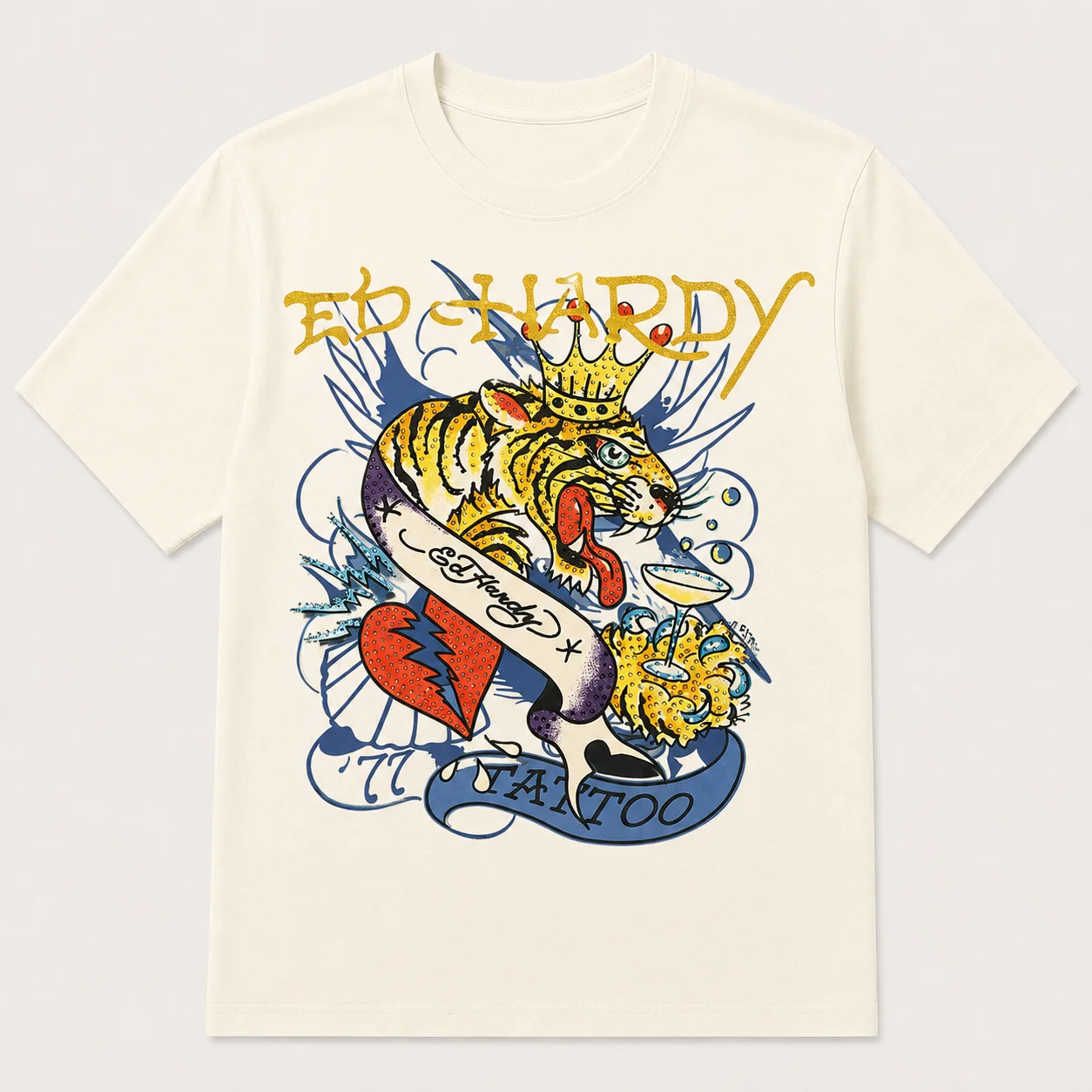Y2K Harajuku Streetwear Rundhals-T-Shirt mit Gold-Gothic-Schrift und Kronen-Tiger-Tattoo-Banner-Druck, atmungsaktives Baumwoll-Oberteil für Männer und Frauen – Detail 6
