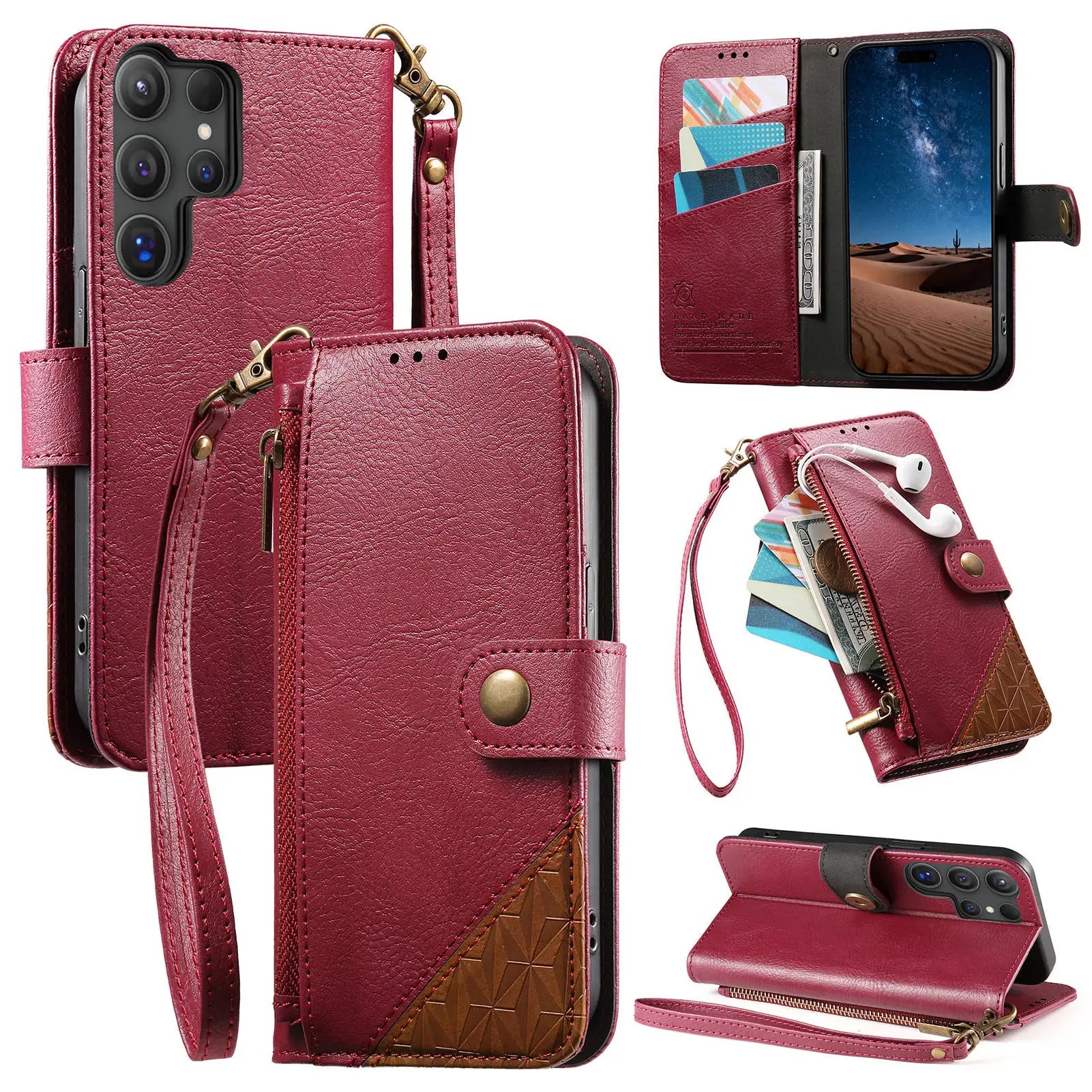 Color Blocking Magnetic Cards Solt Wallet Leather Phone Case For Samsung S26 Ultra S25 Edge Plus S24 FE A56 Strap Flip Bag Cover